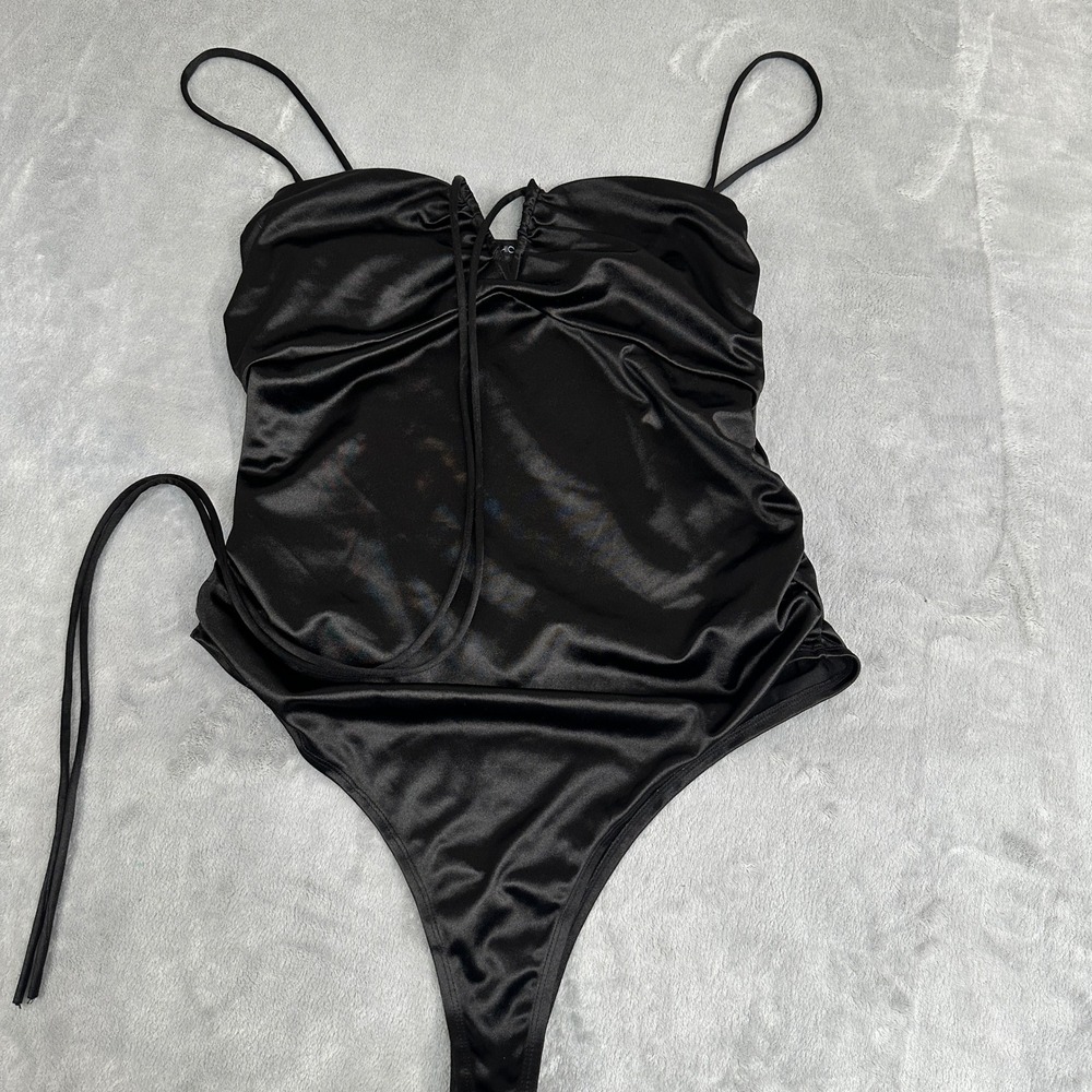 Fashion Nova Black Satin Ruched V-Neck Bodysuit TP1257 Plus Size 2X